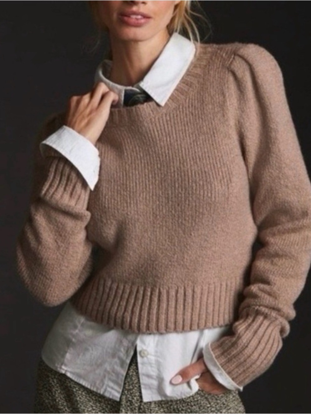 Maeve Taupe Crewneck Puff-Sleeve Sweater